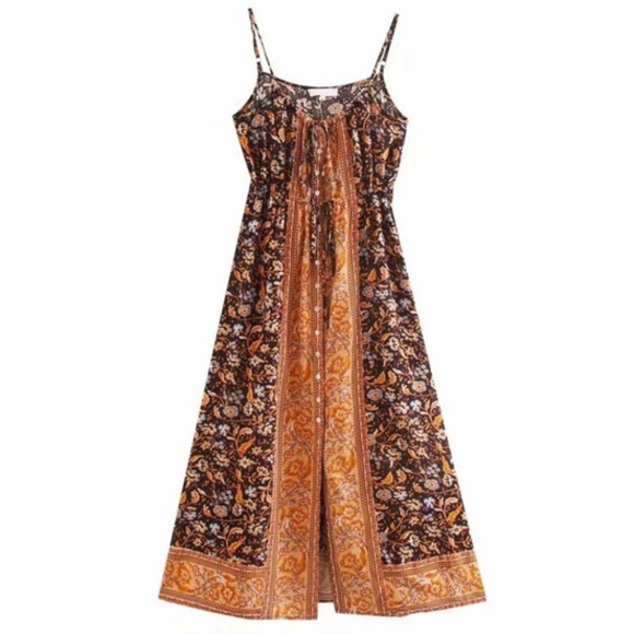 Rust Bohemian Button Front Floral Tank Dress - Picture 3 of 3